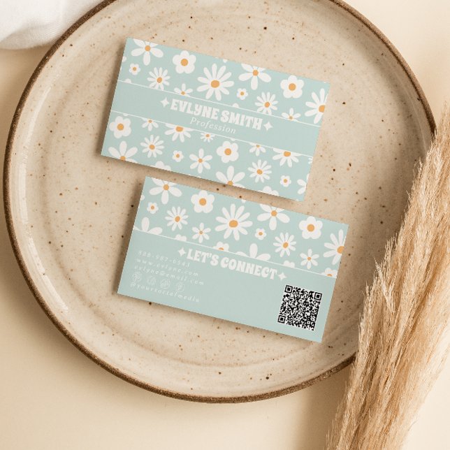 Retro Teal QR-kod 70-tal Groovy Blommig Boho Unik Visitkort (Skapare uppladdad)