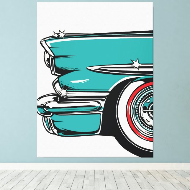 Retro Teal Sports Car Front Pop Art Illustration Canvastryck (Insitu (trägolv))