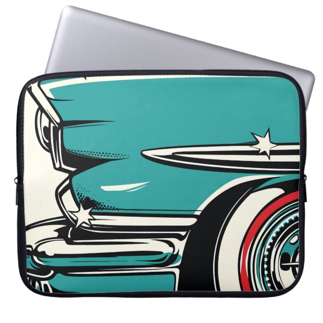 Retro Teal Sports Car Front Pop Art Illustration Laptop Fodral (Framsidan)