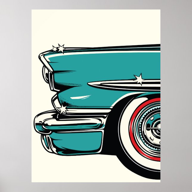 Retro Teal Sports Car Front Pop Art Illustration Poster (Framsidan)
