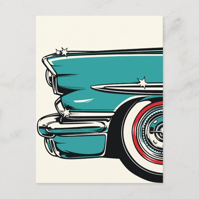 Retro Teal Sports Car Front Pop Art Illustration Vykort (Framsida)