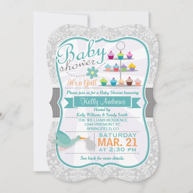 Retro Teal Stork; Light Grått Damask Baby Shower Inbjudningar (Framsida)