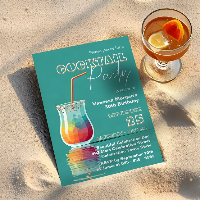 Retro Teal Tropisk Cocktail 30-årsfest Inbjudningar (Skapare uppladdad)