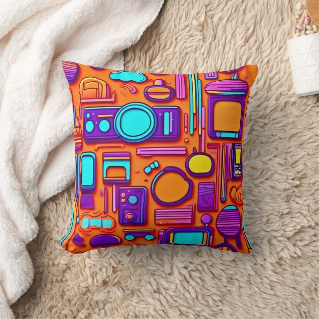 Retro Tech Pop: Nostalgic Gadget Collage Kudde (Filt)