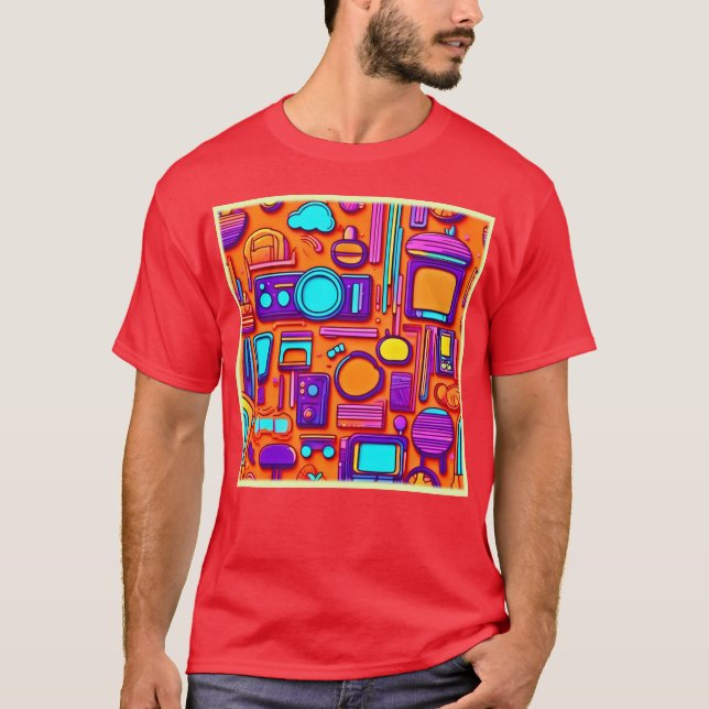 Retro Tech Pop: Nostalgic Gadget Collage T Shirt (Framsida)