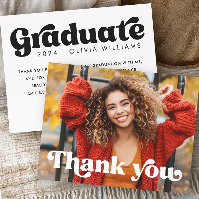 Retro-teckensnittsfotot fullt student studenten tack kort (Retro font full photo graduate graduation thank you card)