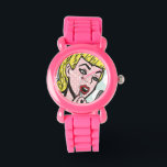 Retro Tecknad Bok Cutie Watch Armbandsur<br><div class="desc">Den här Retro Tecknad Bok Cutie Watch-designen har en underbar ung kvinna som håller ett kompakt och använder röda läppstift. Flickan är på en rångs äggblå och vita prickbakgrund. Tiden flyter när du är söt!</div>