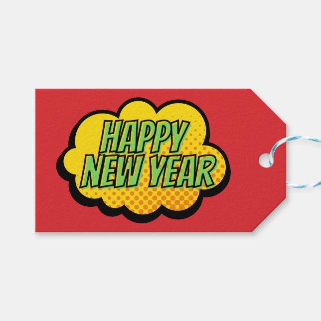 Retro Tecknad Bok Stil Gott nytt år Presentetikett (Framsidan (Horisontell))