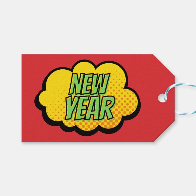 Retro Tecknad Bok Stil, nyår Presentetikett (Framsidan (Horisontell))