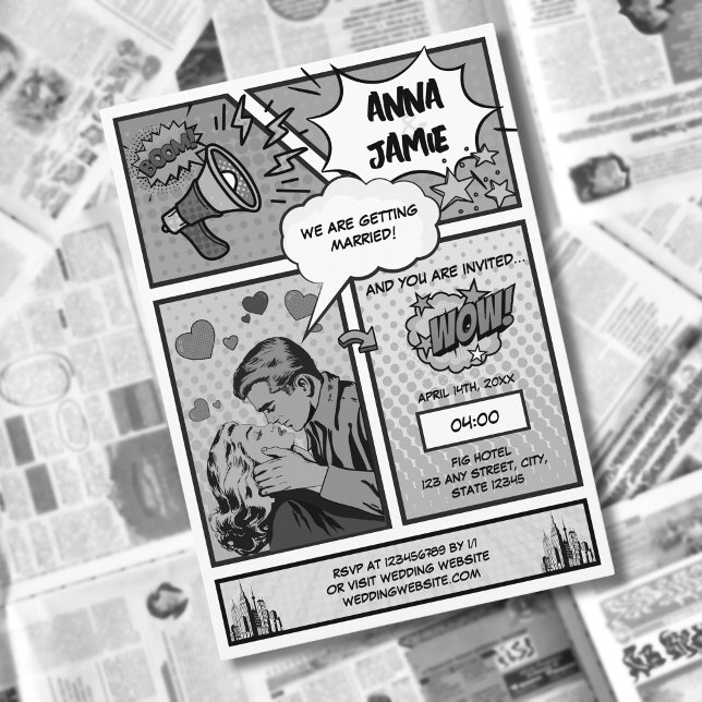 Retro Tecknad Bok Superhjälte Black & White Bröllo Inbjudningar (retro vintage black and white comic book wedding invitation)