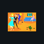 Retro Tecknad Cocktail Party Stretched Canvas<br><div class="desc">Den här Retro Tecknad Cocktail Party Stretched Canvas har inget inåtvänt ben i sin kropp! Den moderna designen i mitten av århundradet har en levande tecknad teckning i ett vardagsrum och en livlig cocktail party. Det finns ett attraktivt par på dansen golv. Den blonda kvinnan i en turkoklänning och hennes...</div>