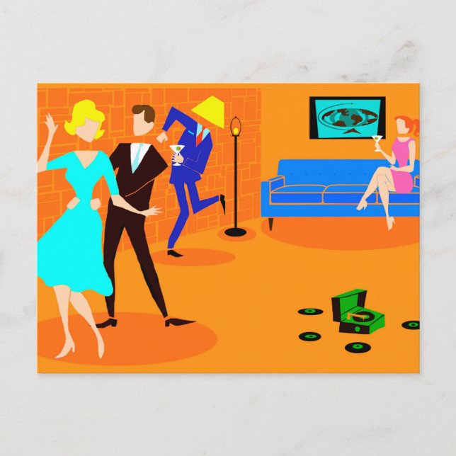 Retro Tecknad Cocktail Party vykort (Framsida)