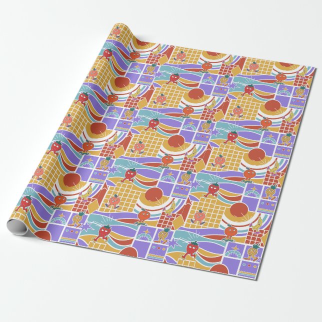 Retro Tecknad Frukt Geometriskt Mönster Presentpapper (Utrullad)