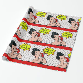 Retro Tecknad Kvinna på Mobila Grattis på födelsed Presentpapper