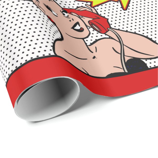 Retro Tecknad Kvinna på Mobila Grattis på födelsed Presentpapper (Rullad Hörn)