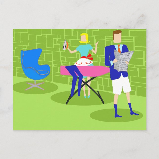 Retro Tecknad par på vykort hemma (Framsida)