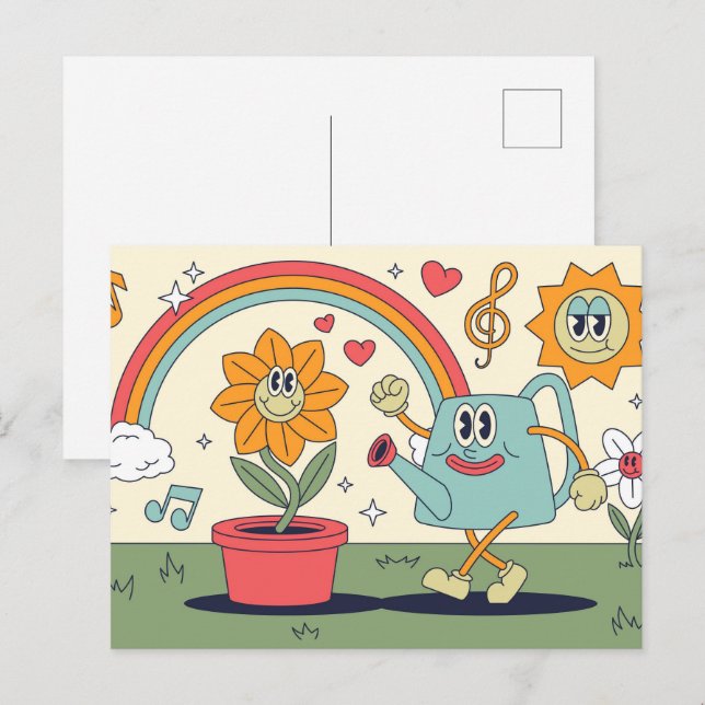 Retro tecknad trädgårdsskötsel vykort (Fram/baksida)