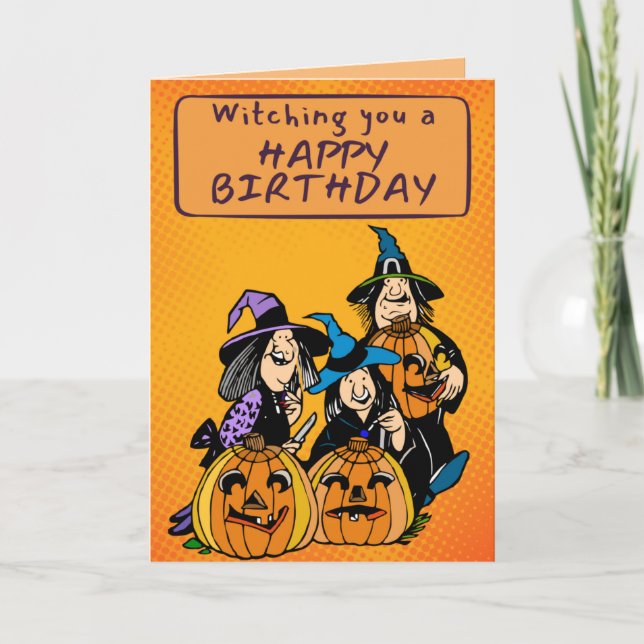 Retro Tecknad Witches Halloween Birthday Card Kort (Framsida)