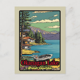 Retro tecknaden för Okanagan-landskapet Sjö vintag Vykort