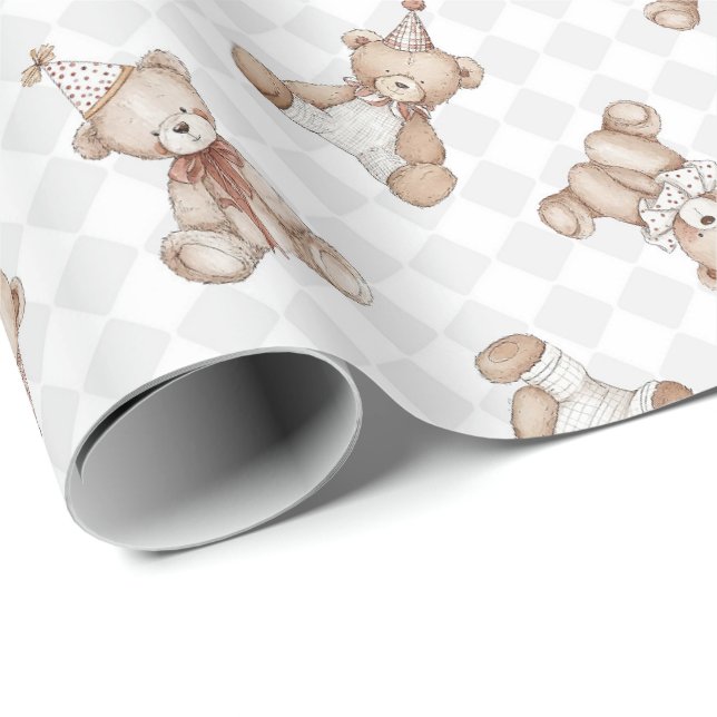 Retro Teddybjörn nostalgi skrynklig rutig  Presentpapper (Rullad Hörn)