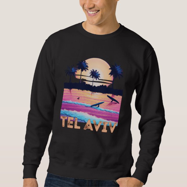 Retro Tel Aviv Israel Souvenir Surf Lång Ärmad Tröja (Framsida)