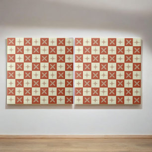 Retro Terracotta & Beige Starburst Checkered Kakelplatta