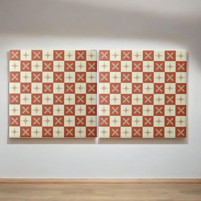 Retro Terracotta & Beige Starburst Checkered Kakelplatta (Skapare uppladdad)