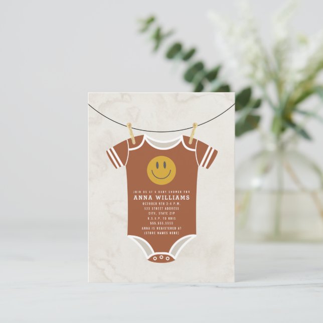 Retro Terracotta Bodydress Clothesline Baby Shower Inbjudningar (Stående Fram)