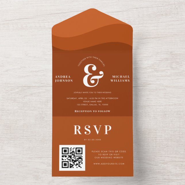 Retro Terracotta Vågar Ampersand QR-koden Bröllop (Insida)