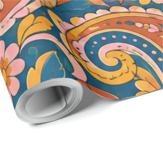 Retro Terrakotta och Marinblå Sömlös Paisley-Inram Presentpapper