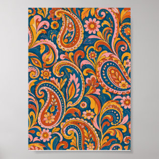 Retro Terrakotta och Marinblå Sömlös Paisley Po Poster