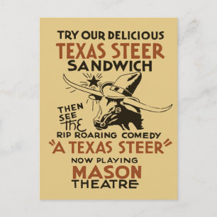 Retro Texas Steer Sandwich och teaterpjäs Vykort