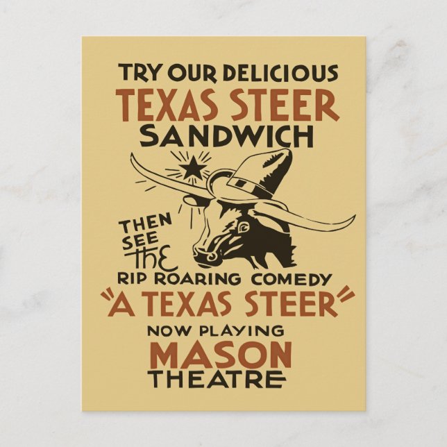 Retro Texas Steer Sandwich och teaterpjäs Vykort (Framsida)