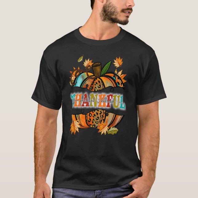 Retro Thankful Grateful Blessed Pumpkin Fall T Shirt (Framsida)