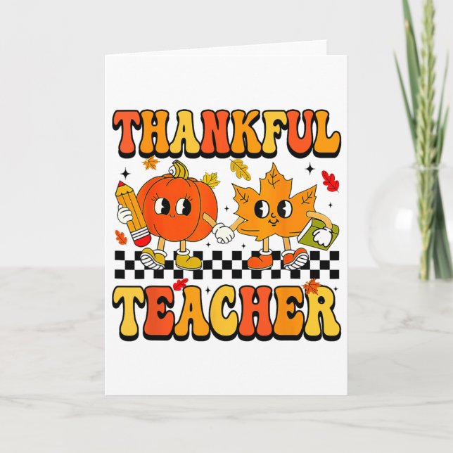 Retro Thankful Teacher Groovy Thanksgiving Fall Wo Kort (Framsida)