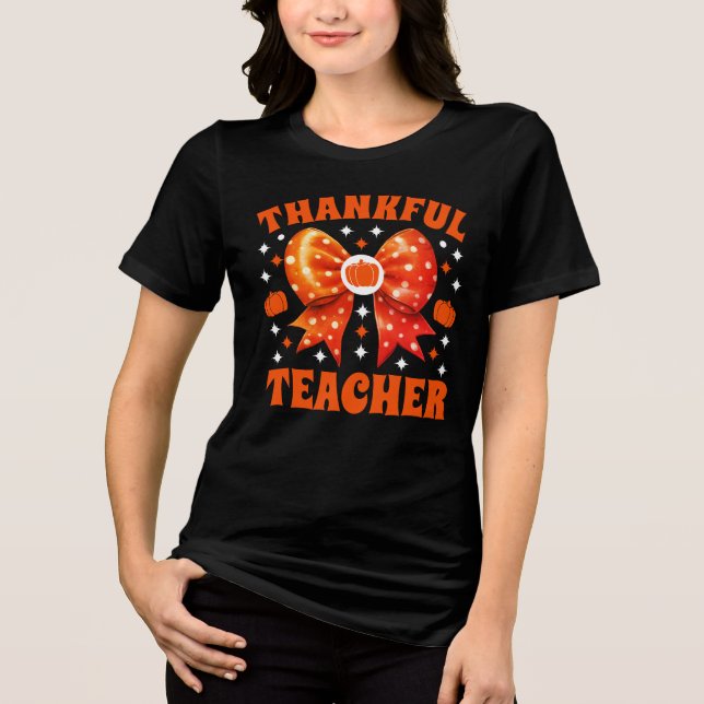 Retro Thanksgiving Teacher Coquette Bow T Shirt (Framsida)