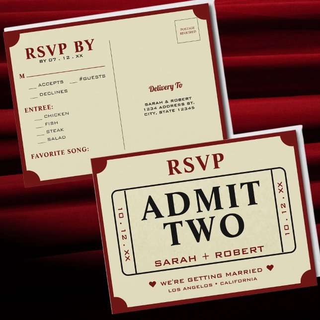 Retro Theater Admit Two Biljett Stub Bröllop OSA Vykort (Retro Theater Admit Two Ticket Stub Wedding RSVP Postcard)