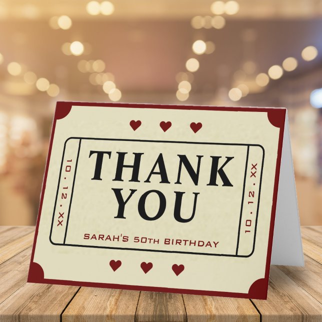 Retro Theater Movie Biljett Stub 50:e födelsedagen Tack Kort (Retro Theater Movie Ticket Stub 50th Birthday Thank You Card)