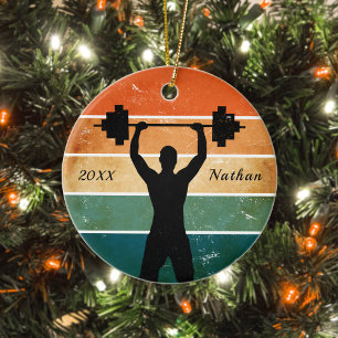 Retro Theme Weightlifter efter viktande Namn-år Julgransprydnad Keramik