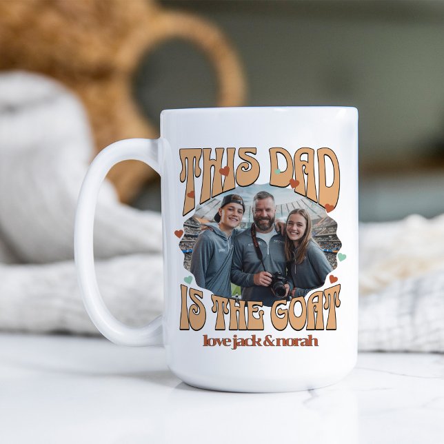 Retro this Pappa är Goat Photo 15oz-kaffet Mugg (Retro GOAT mug for greatest dad of all time with photo and kids names)
