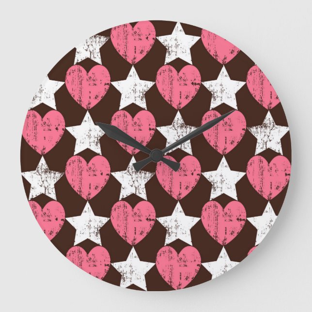 Retro Threadbare Hearts Stars Struktur Stor Klocka (Framsida)