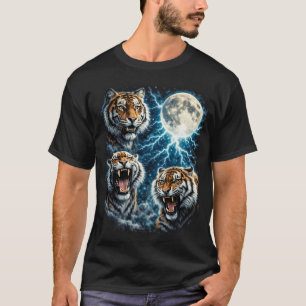 Retro Three Tiger Moon Blixt Åskande Vilda Djur T Shirt