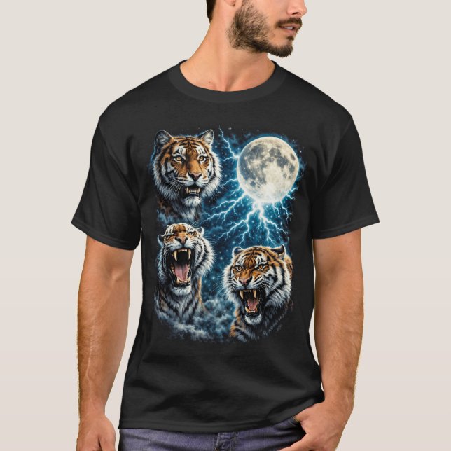 Retro Three Tiger Moon Blixt Åskande Vilda Djur T Shirt (Framsida)