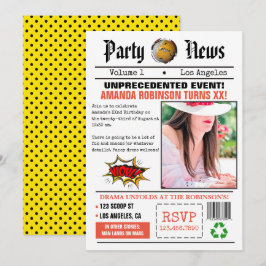 Retro Tidnings Födelsedagsfest Inbjudningar