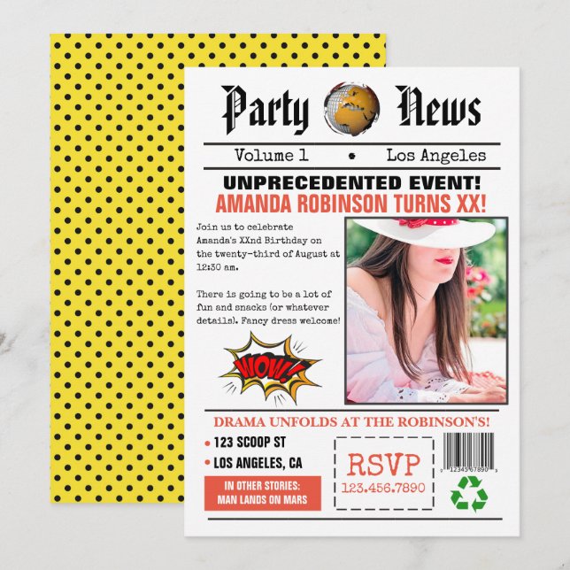 Retro Tidnings Födelsedagsfest Inbjudningar (Fram/baksida)