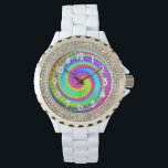 Retro Tie Dye Hippie Psychedelic Armbandsur<br><div class="desc">Den här groovydesignen har en skarp,  snabb regnbåge av färg i ett slitet mönster. Det är en roligt,  en återdesign för fredsälskande hippies/bohemianer som kärlek på 1960-,  1970- och psykedeliska färg. Siffrorna på bevakningen är vita och lätt böjda i ett deco-teckensnitt.</div>