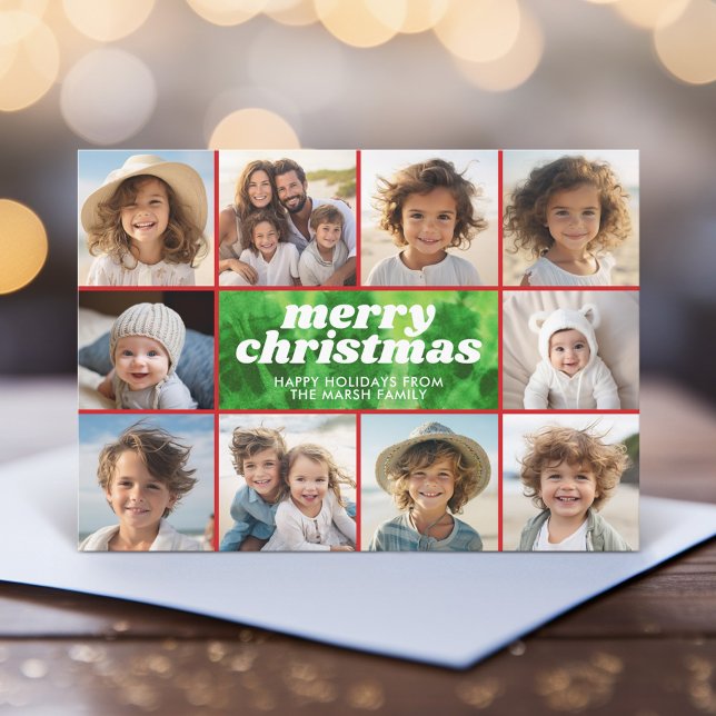 Retro Tie-Dye Red Grönt - Photo Gräns - jul Julkort (A funky tie dye design with 10 Christmas photos. Online and download options available.)