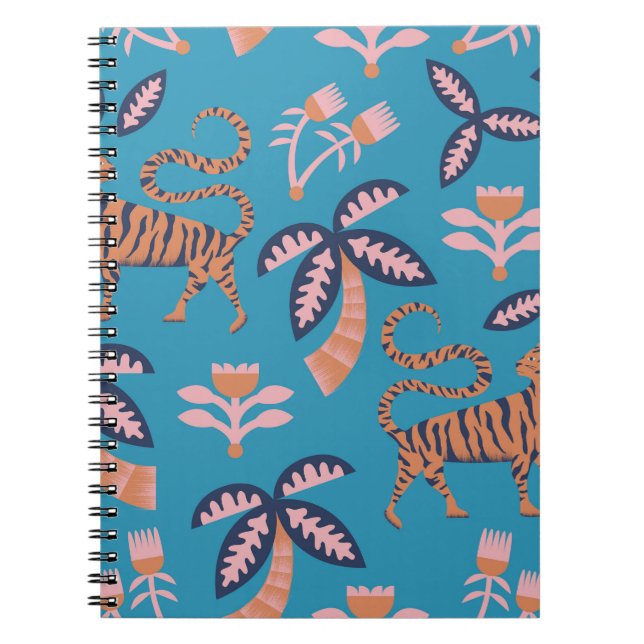 Retro tiger, handflatan träd, blomman mönster anteckningsbok (Framsidan)