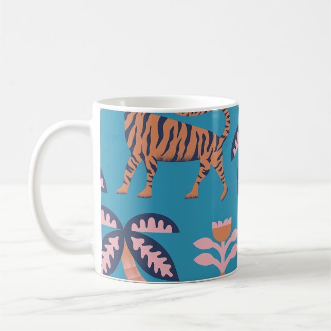 Retro tiger, handflatan träd, blomman mönster kaffemugg (Vänster)