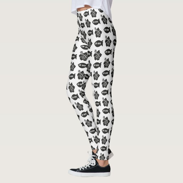 Retro Tiki Black and White Mönster Leggings (Vänster)